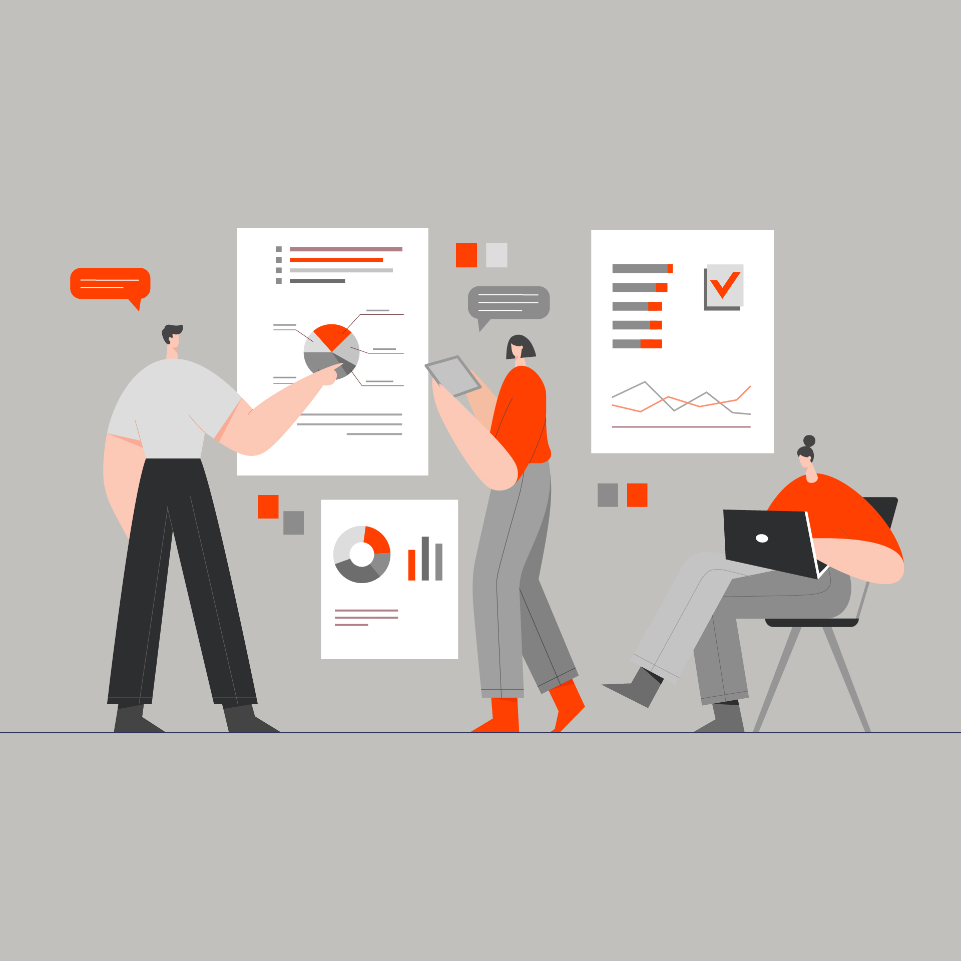 Illustration of three people pointing at statistics and figures