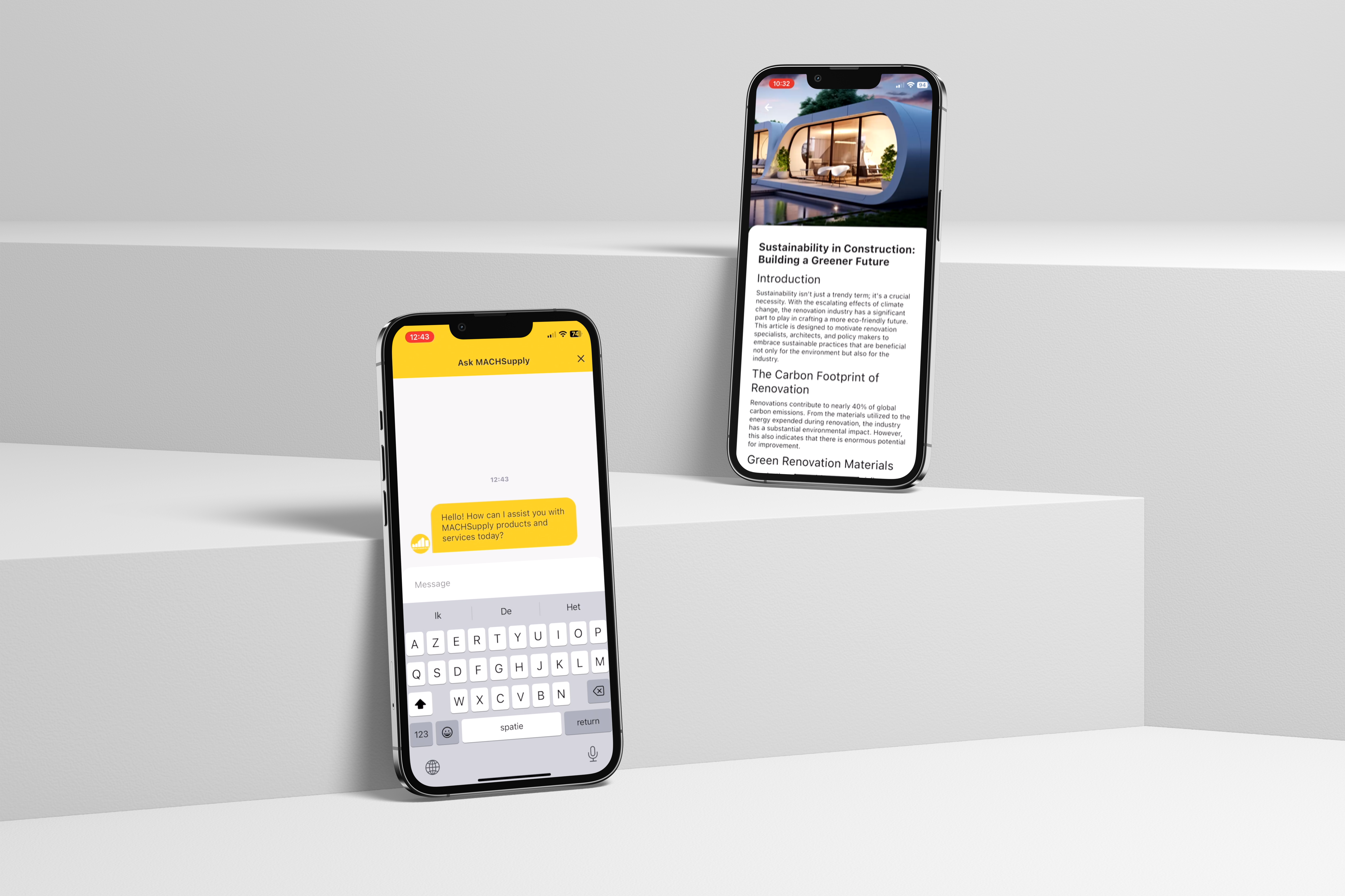Two phones showing the home page of the MACH Supply commerce platform