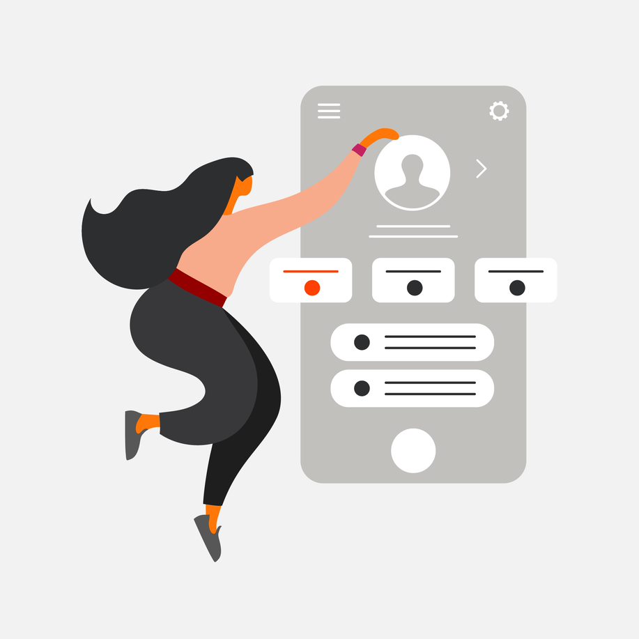 Illustration of UX/UI with a person floating next to a mobile screen 