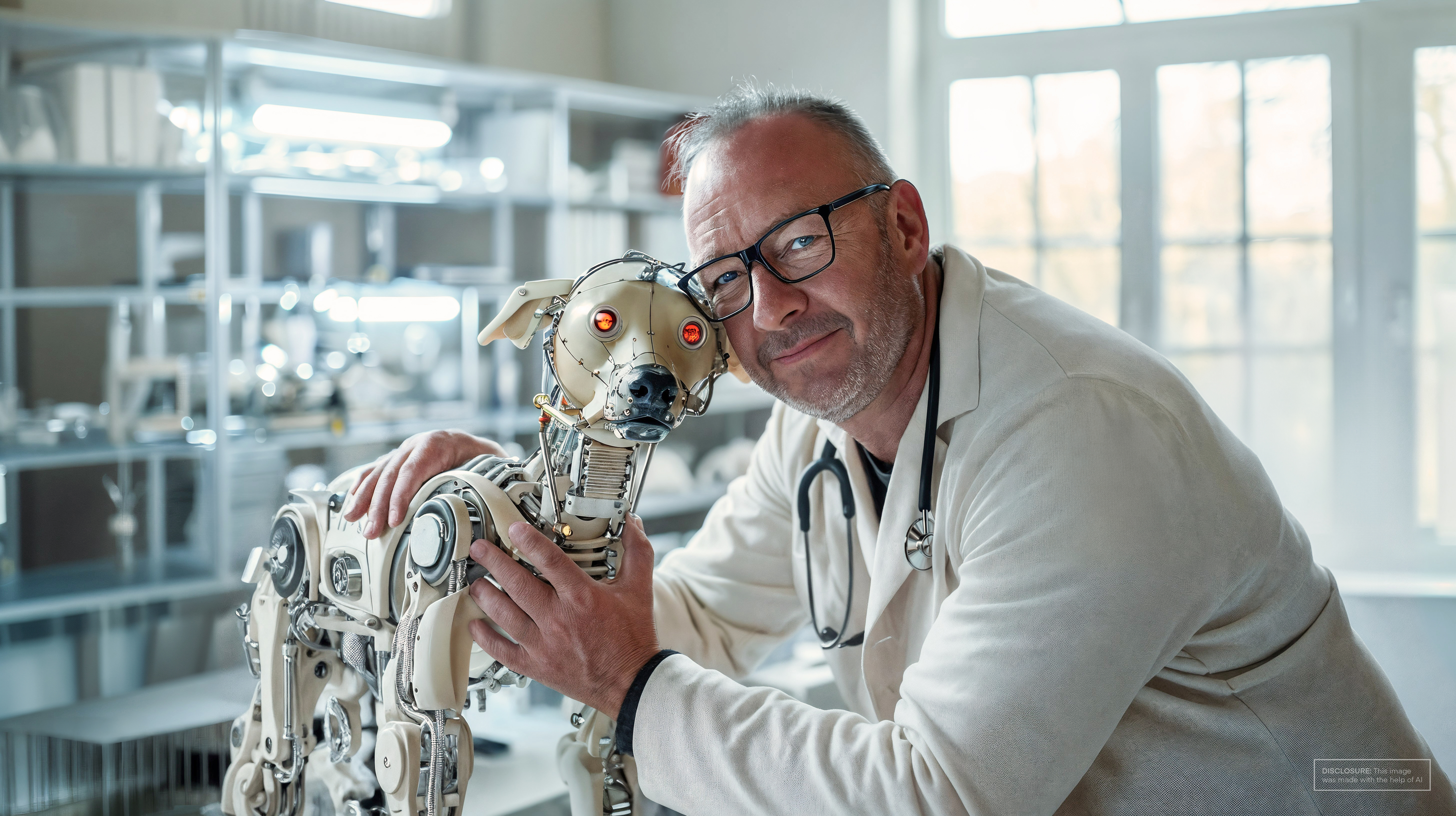 AI generated image of person dressed like a vet next to a robot dog