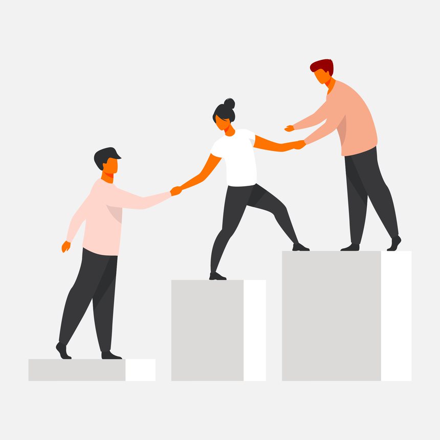 Abstract illustration depicting training and coaching with people helping each other taking the next step