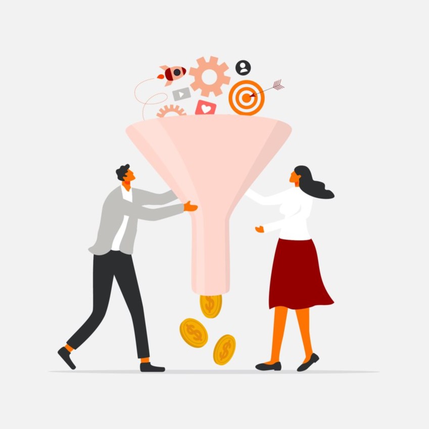 Abstract illustration depicting testing & optimization of a marketing funnel 