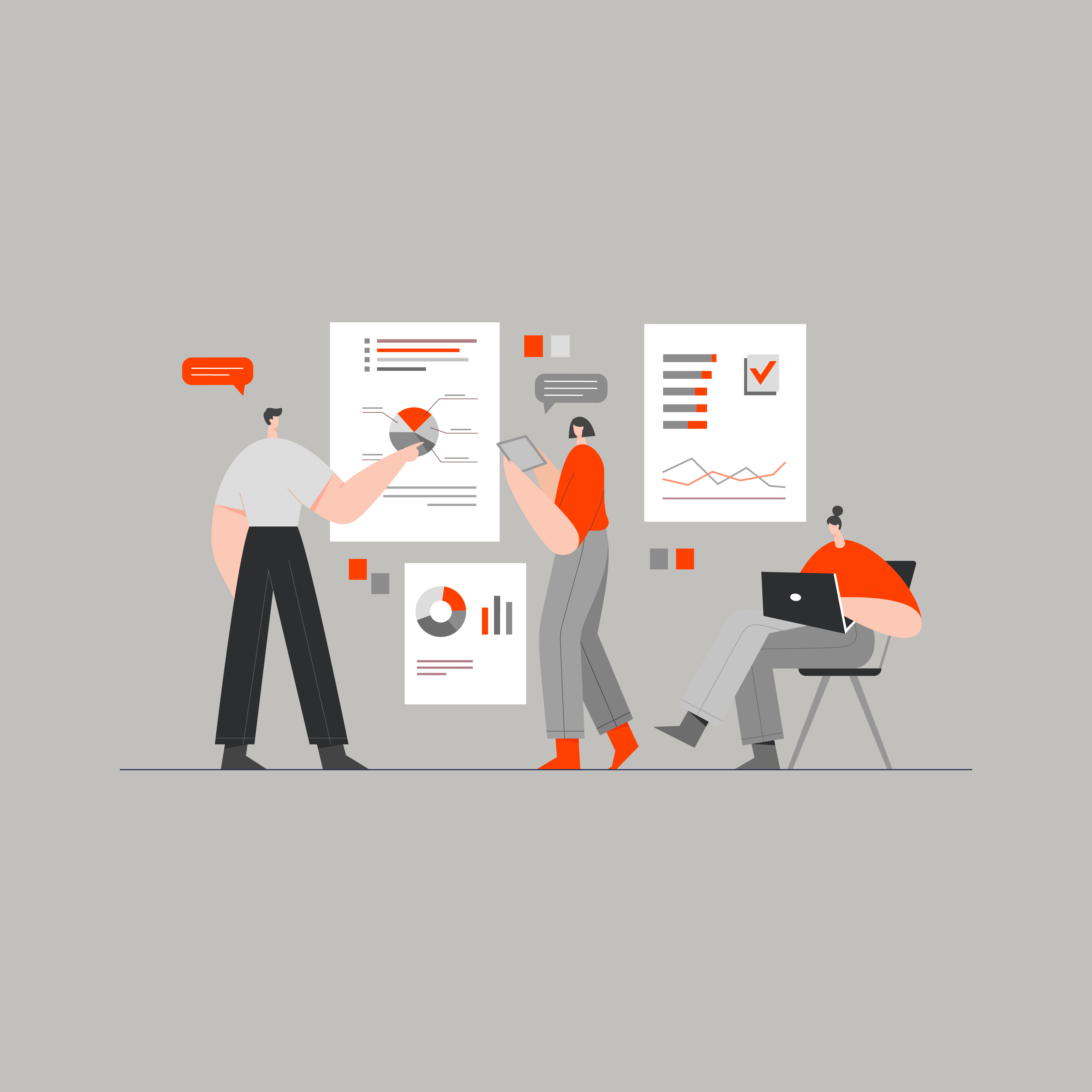 Illustration of three people pointing at statistics and figures