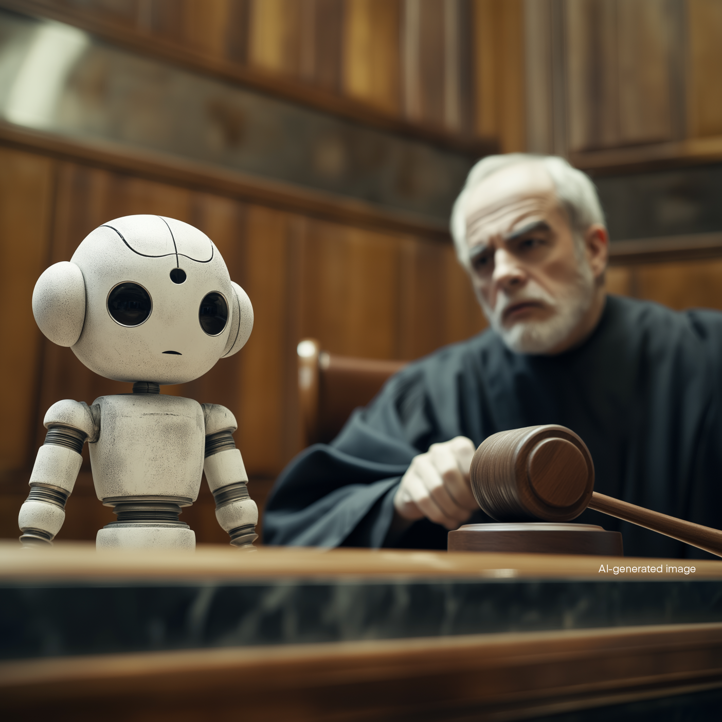 AI robot in court in front of a judge