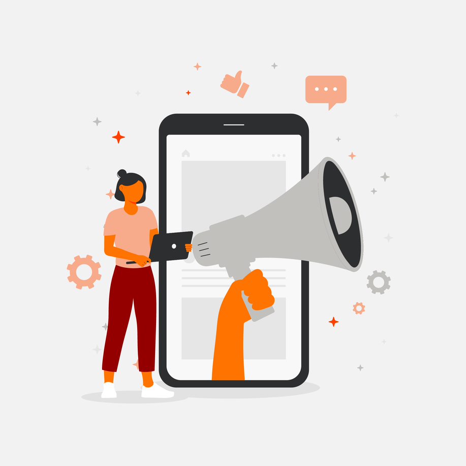 Illustration of marketing technology with a person standing next to a mobile screen surrounded by social media icons 