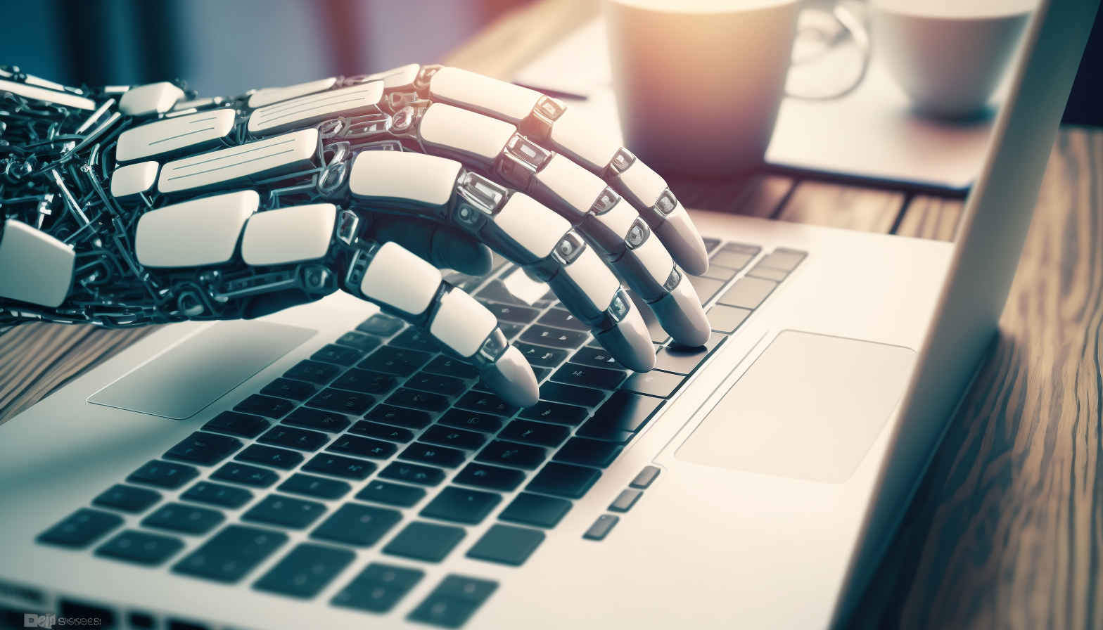 Robotic hand typing on a laptop