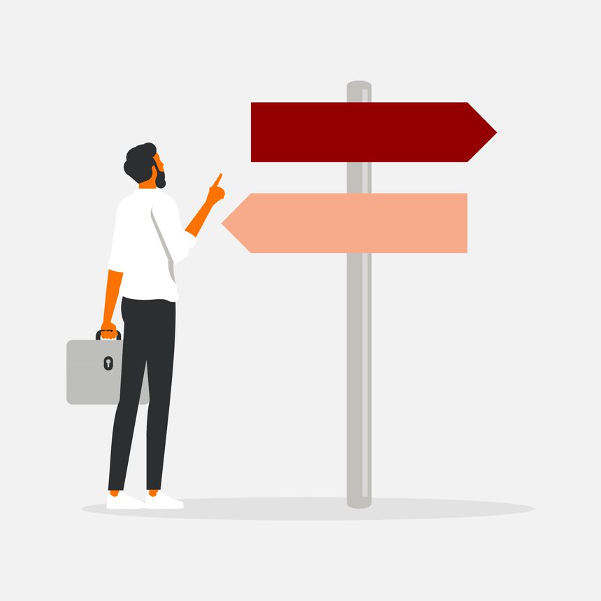 Illustration of a person standing before a signpost wondering which strategy to follow
