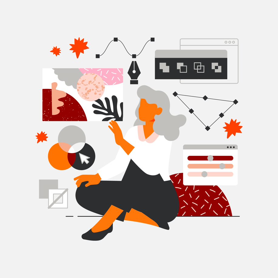 Illustration of brand & concept of a person surrounded by visualizations of creative components  