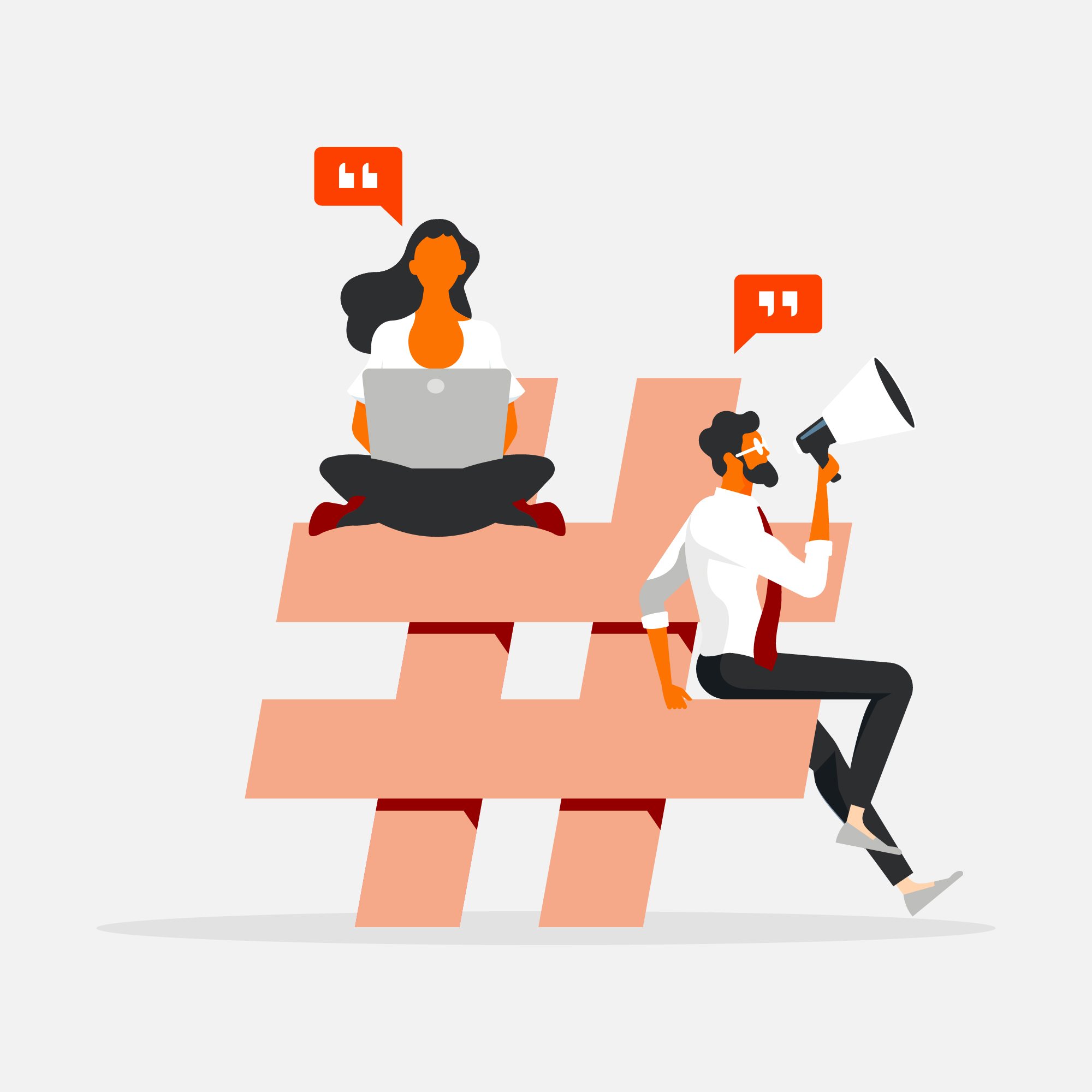 Abstract illustration depicting marketing of two people sitting op top of a hashtag icon
